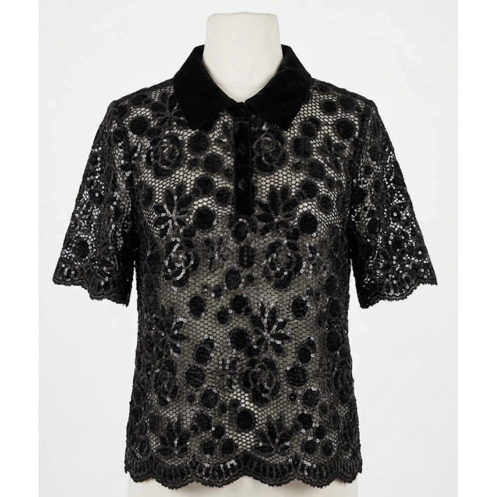 Greige Whimsigoth Black Lace Sequin Polo Shirt M Velvet Dark Academia Top